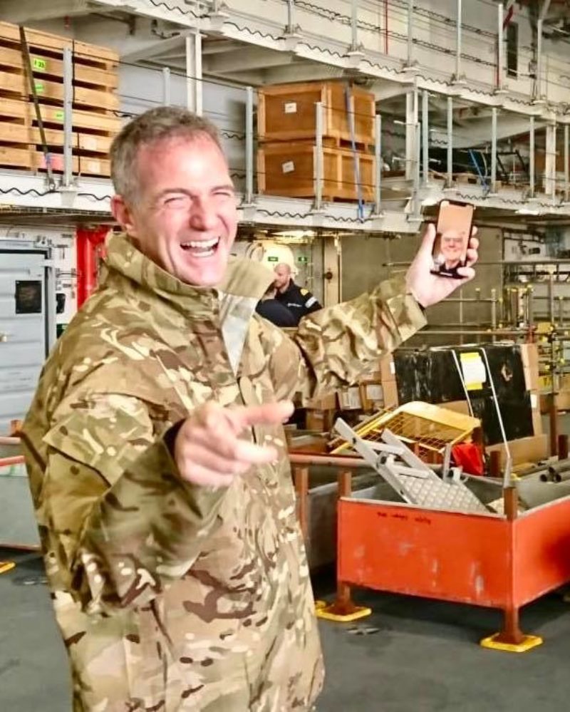 Busted! I secretly beamed my dad onto the hanger deck via FaceTime but was busted by the Commander who took it in very good spirits and ended up having a chat with dad about his experiences on the Ark Royal.