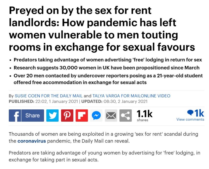 A screenshot of the Daily Mail article about the Sex for Rent Investigation.